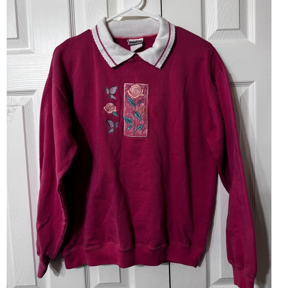 VTG Basic Editions Vintage Embroidered Rose Sweatshirt Collared Pullover‎ Sz L?